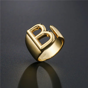 Hollow A-Z Letter Gold Color Metal Adjustable Ring