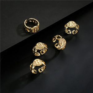 Hollow A-Z Letter Gold Color Metal Adjustable Ring