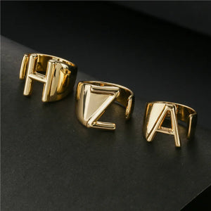 Hollow A-Z Letter Gold Color Metal Adjustable Ring