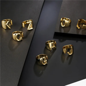 Hollow A-Z Letter Gold Color Metal Adjustable Ring