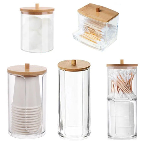 Makeup Organizer Cotton Round Pad Holder Cotton Swab Box Qtip Holder Dispenser with Bamboo Lid