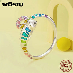 WOSTU Rainbow Chameleon Open Ring 925 Sterling Silver Multi Color Animal Adjsutable Rings Women Girl Bithday Jewelry Unique Gift