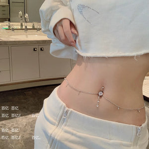 Women Sexy Rhinestone Dangle Belly Button Chain Navel Piercing Ring Body Jewelry Waist Chain Button Summer Beach Jewelry