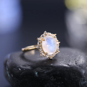 GEM'S BALLET 3.24CT 8X10mm Oval Cut Moonstone Unique Cluster Halo Engagement Rings in 925 Sterling Silver Women's Gemstone Ring