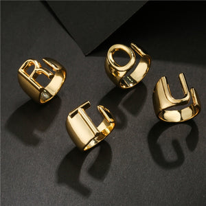 Hollow A-Z Letter Gold Color Metal Adjustable Ring