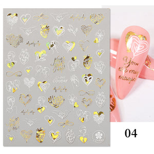 Hearts Love 3D Nail Sticker Laser Gold Rose Flower Snowflake Cartoon Nail Decals