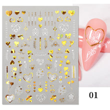 Load image into Gallery viewer, Hearts Love 3D Nail Sticker Laser Gold Rose Flower Snowflake Cartoon Nail Decals