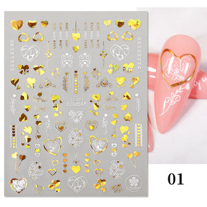 Hearts Love 3D Nail Sticker Laser Gold Rose Flower Snowflake Cartoon Nail Decals