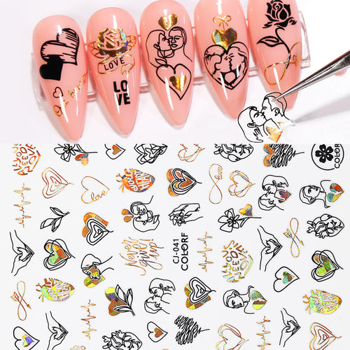 Hearts Love 3D Nail Sticker Laser Gold Rose Flower Snowflake Cartoon Nail Decals - Love Essential Being
