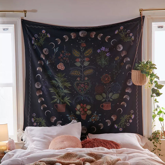 Moon Phase Botanical Celestial Floral Wall Tapestries