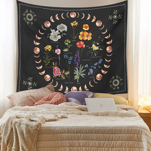 Moon Phase Botanical Celestial Floral Wall Tapestries