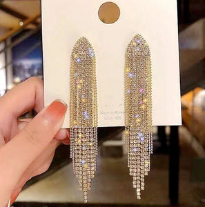 Rimiut Fashion Women Clear Rhinestone Long Tassel Earrings 925 Silver
