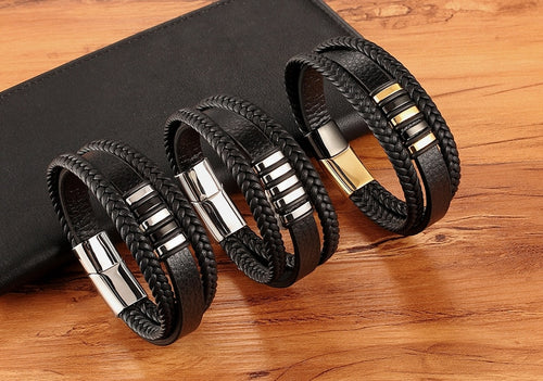 Stainless Steel Magnetic Black Leather Genuine Braided Cuff Bracelets - Love Essential Being