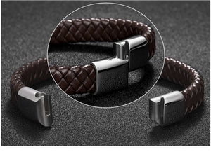 Punk Black/Brown Braided Leather Bracelet Stainless Steel Magnetic Clasp - Love Essential Being