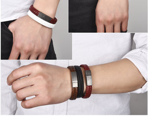 Punk Black/Brown Braided Leather Bracelet Stainless Steel Magnetic Clasp - Love Essential Being