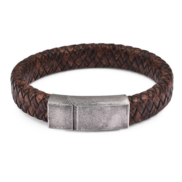 Punk Black/Brown Braided Leather Bracelet Stainless Steel Magnetic Clasp - Love Essential Being