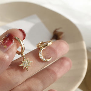 Classic Dangling Asymmetric Earrings Of Star And Moon - Love Essential Being