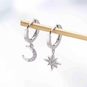 Classic Dangling Asymmetric Earrings Of Star And Moon - Love Essential Being