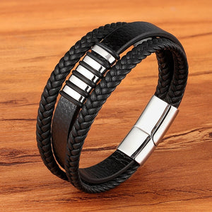 Stainless Steel Magnetic Black Leather Genuine Braided Cuff Bracelets - Love Essential Being
