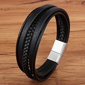 Stainless Steel Magnetic Black Leather Genuine Braided Cuff Bracelets - Love Essential Being