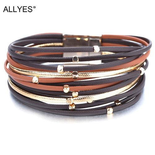 Metal Bead Genuine Leather Thin Cuff Bracelets - Love Essential Being