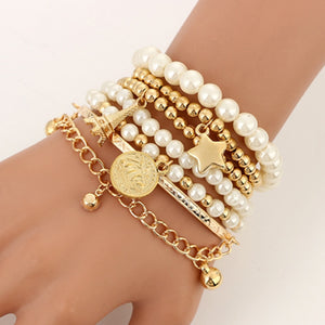 Tocona 6pcs/set Fashion Gold/Silver Color Beaded Pearl Star Multilayer Beaded Bracelets