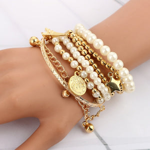 Tocona 6pcs/set Fashion Gold/Silver Color Beaded Pearl Star Multilayer Beaded Bracelets