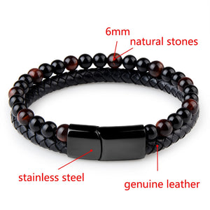 Natural Tiger Eye Bead Genuine Leather Stainless Steel Magnetic Bracelet - Love Essential Being