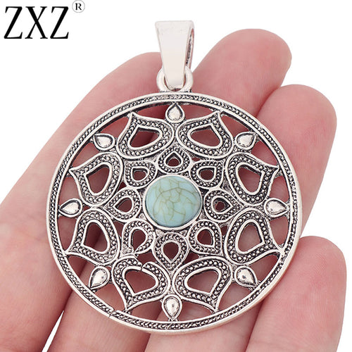 Tibetan Silver Filigree Flower with Green Resin Stone Charm Pendant - Love Essential Being