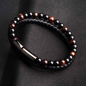 Natural Tiger Eye Bead Genuine Leather Stainless Steel Magnetic Bracelet - Love Essential Being
