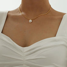 Load image into Gallery viewer, Titanium With 18K Gold Beads Chain Real Pearl Choker Necklace