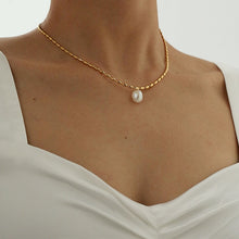 Load image into Gallery viewer, Titanium With 18K Gold Beads Chain Real Pearl Choker Necklace