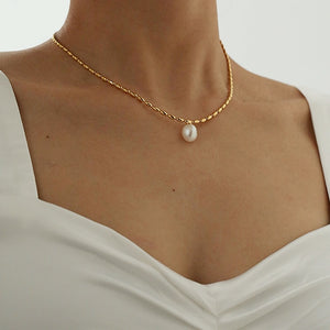 Titanium With 18K Gold Beads Chain Real Pearl Choker Necklace