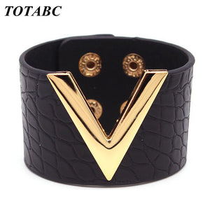 V Wide Punk Style Leather Bracelet - Love Essential Being