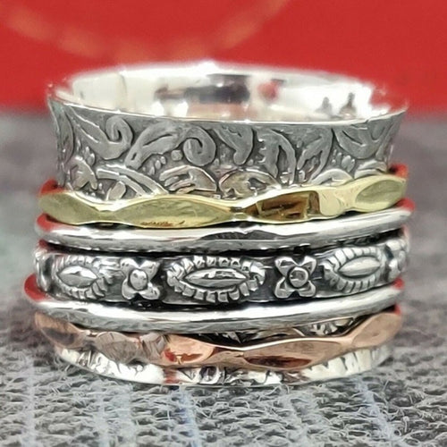 Sterling Silver Two-tone Wide Engraved Handmade Rings