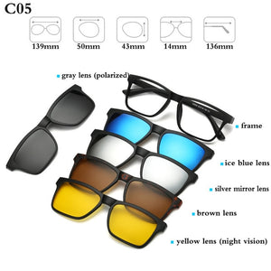 Fashion Sunglasses With 5 Clip-on Polarized Magnetic Lenses - Love Essential Being