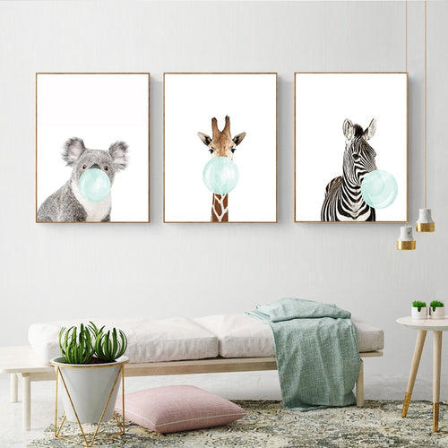 Cute Blue Bubble Gum Animal Zebra Giraffe Koala Kangaroo Canvas Art Print Posters - Love Essential Being