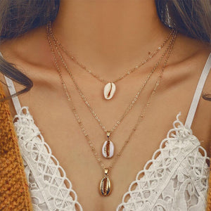 Three Layer Gold Cowrie Seashell Necklace - Love Essential Being